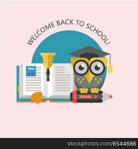 Welcome back to school. A wise owl in an academic cap. Vector em. Welcome back to school. A wise owl in an academic cap holds a pencil in its paws. Next to the open book and the school bell. Vector emblem, logo.