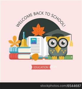 Welcome back to school. A wise owl in an academic cap. Vector em. Welcome back to school. A wise owl in an academic cap holds a ruler in its paws. Next to the open book, a stack of books and a school bell. Vector emblem, logo.