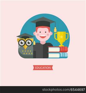 Welcome back to school. A wise owl in an academic cap. Vector em