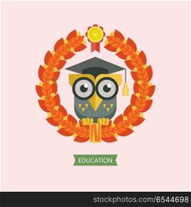 Welcome back to school. A wise owl in an academic cap. Vector em. A wise owl in an academic cap framed by a Laurel wreath. Vector emblem, logo.