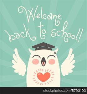 Welcome back to school. Card with an owl. Hand drawn vector illustration.