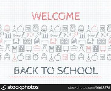 Welcome back to school concept, line icons in copybook, vector eps10 illustration. Back To School Concept