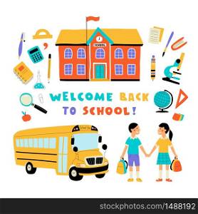 Welcome back to school, cute doodle set with lettering. Funny pupils, cartoon boy and girl, school building, bus and supplies. Hand drawn colorful vector flat illustration, isolated on white.