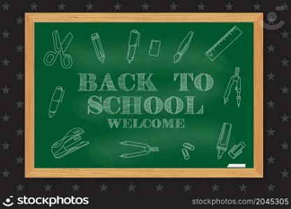 Welcome Back to School design. For greeting card, advertising, promotion, poster, flier, blog, article, social media, marketing or banner. Back To School typographical background on chalkboard.. Back To School typographical background on chalkboard.