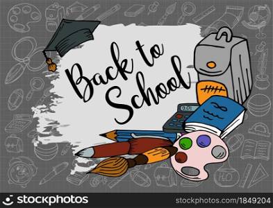 Welcome back to school. Design poster, banner, flyer. School supplies. Doodle, hand drawing Creative Vector Illustration. Welcome back to school. Design poster, banner, flyer. School supplies