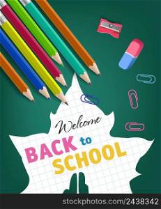 Welcome back to school lettering and maple leaf silhouette. Offer or sale advertising design. Handwritten and typed text, calligraphy. For leaflets, brochures, invitations, posters or banners.