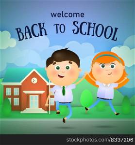 Welcome back to school lettering, happy boy and girl jumping. Offer or sale advertising design. Typed text, calligraphy. For leaflets, brochures, invitations, posters or banners.