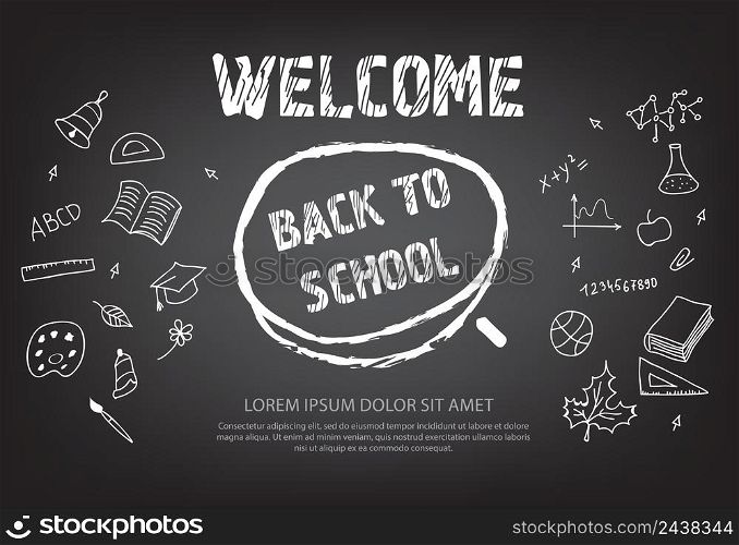 Welcome back to school lettering in chalk circle with doodle drawings. Offer or sale advertising design. Typed text, calligraphy. For leaflets, brochures, invitations, posters or banners.