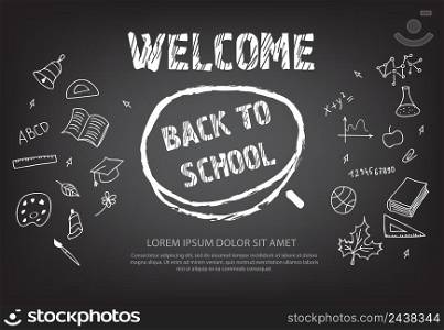 Welcome back to school lettering in chalk circle with doodle drawings. Offer or sale advertising design. Typed text, calligraphy. For leaflets, brochures, invitations, posters or banners.