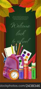 Welcome back to school lettering in frame, with leaves and supplies. Offer or sale advertising design. Handwritten text, calligraphy. For leaflets, brochures, invitations, posters or banners.