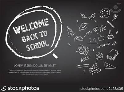 Welcome back to school lettering in hand drawn chalk circle with doodle drawings. Offer or sale advertising design. Typed text, calligraphy. For leaflets, brochures, invitations, posters or banners.