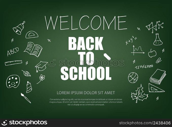 Welcome back to school lettering with chalk and doodle drawings. Offer or sale advertising design. Typed text, calligraphy. For leaflets, brochures, invitations, posters or banners.