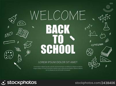 Welcome back to school lettering with chalk and doodle drawings. Offer or sale advertising design. Typed text, calligraphy. For leaflets, brochures, invitations, posters or banners.