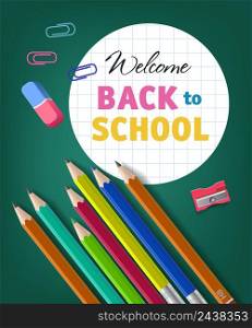 Welcome back to school lettering with colored pencils. Offer or sale advertising design. Handwritten and typed text, calligraphy. For leaflets, brochures, invitations, posters or banners.