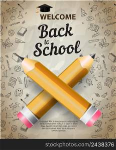 Welcome, back to school lettering with graduation cap silhouette and crossed pencils. Offer advertising design. Handwritten and typed text, calligraphy. For leaflets, brochures, posters or banners.
