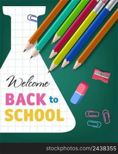 Welcome back to school lettering with pencils and retort silhouette. Offer or sale advertising design. Handwritten and typed text, calligraphy. For leaflets, brochures, invitations, posters or banners.