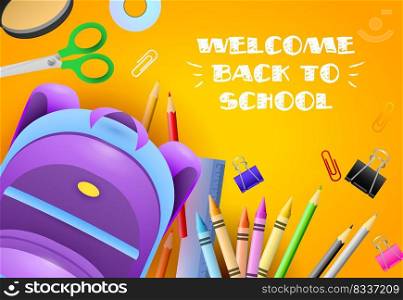 Welcome back to school lettering with stationery and backpack. Offer or sale advertising design. Typed text, calligraphy. For leaflets, brochures, invitations, posters or banners.