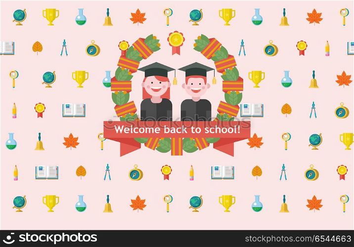 Welcome back to school. Press wall for a photo shoot. Vector emblem of education.