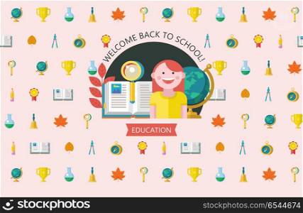 Welcome back to school. Press wall for a photo shoot. Vector emblem of education. Girl student, open book, magnifying glass, autumn leaves and globe.