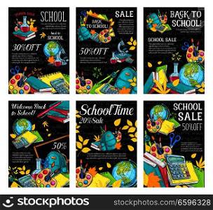 Welcome back to school sale banner set. School supplies special offer promotion poster with sketches of pencil, book and backpack, paint, globe and calculator on chalkboard, adorned with autumn leaves. Back to school sale banner of student stationery
