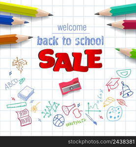 Welcome, back to school, sale lettering on squared paper with doodle drawings. Offer or sale advertising design. Typed text, calligraphy. For leaflets, brochures, invitations, posters or banners.