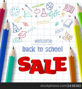 Welcome, back to school, sale lettering with doodle drawings. Offer or sale advertising design. Typed text, calligraphy. For leaflets, brochures, invitations, posters or banners.