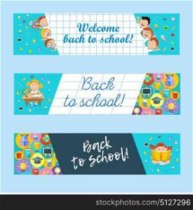 Welcome back to school! Set of banners with school supplies. Cheerful schoolchildren.