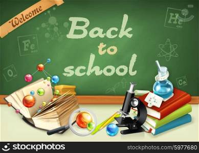 Welcome back to school. Studying and teaching, research and knowledge, vector illustrations on the green chalkboard