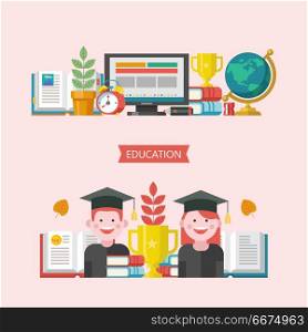 Welcome back to school. Vector logo, logo in flat style. School . Welcome back to school. Set of vector elements on the school theme. Students in academic hats, Cup, books, laptop, alarm clock and globe.