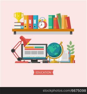 Welcome back to school. Vector logo, logo in flat style. School . Welcome back to school. Set of school supplies. Shelf with books, Desk lamp, laptop, globe and alarm clock.