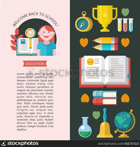 Welcome back to school. Vector logo, logo in flat style. School . Welcome back to school. Vector emblem, logo. Student with a globe, an open book and a magnifying glass.