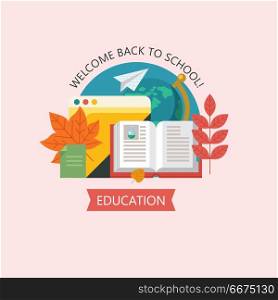 Welcome back to school. Vector logo, logo in flat style. School . Welcome back to school. Set of school supplies. Open book and globe. Autumn leaves and a paper airplane. Vector emblem of education.