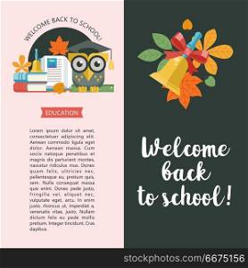 Welcome back to school. Vector logo, logo in flat style. School . Welcome back to school. Vector emblem, logo. A wise owl in an academic cap, books and a bell with autumn leaves. Vector illustration with space for text.