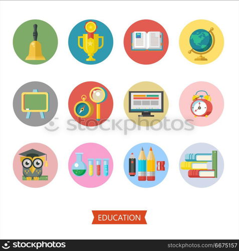 Welcome back to school. Vector logo, logo in flat style. School . Welcome back to school. Set of vector icons with school supplies. Isolated on white background.