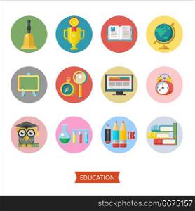 Welcome back to school. Vector logo, logo in flat style. School . Welcome back to school. Set of vector icons with school supplies. Isolated on white background.