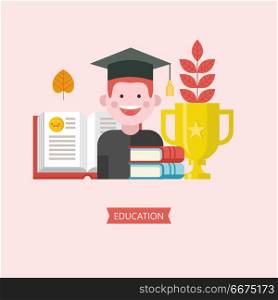 Welcome back to school. Vector logo, logo in flat style. School . Welcome back to school. Vector logo, logo in flat style. School supplies. Student in academic cap and black robe. Gold Cup and open book.