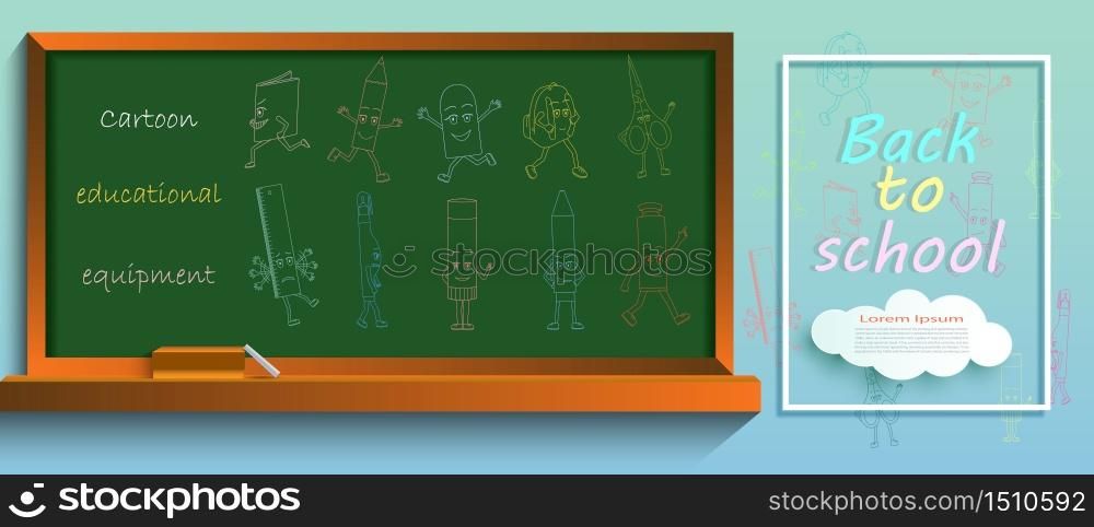 Welcome back to school with equipment cartoon and hand drawn. Equipment by colorful chalk in blackboard with school items and elements. Vector illustration cartoon Icons set for advertising sale.