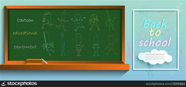 Welcome back to school with equipment cartoon and hand drawn. Equipment by colorful chalk in blackboard with school items and elements. Vector illustration cartoon Icons set for advertising sale.