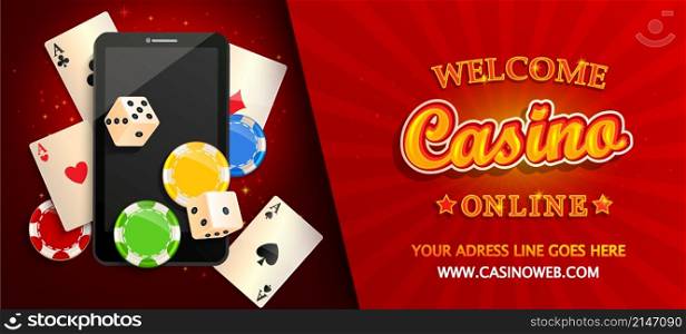 Welcome banner to online casino.Online poker,blackjack in smartphone.Web landing page template for internet game.Advertising,invitation poster- phone,poker cards,playing dice,chips.Gambling app.Vector. Welcome banner to online casino.