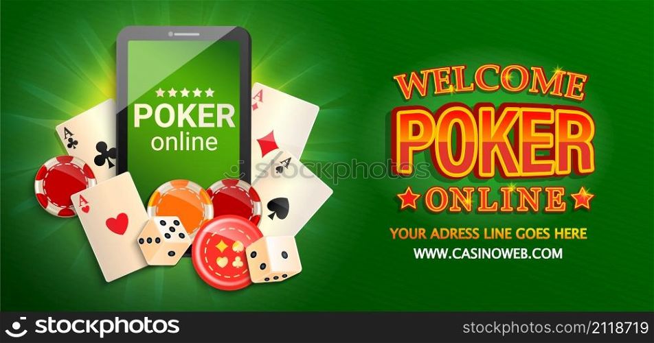 Welcome banner to online poker.Online Casino in smartphone.Web landing page template for internet game. Advertising,invitation poster with phone, poker cards, playing dice, chips. Gambling app. Vector. Welcome banner to online poker.