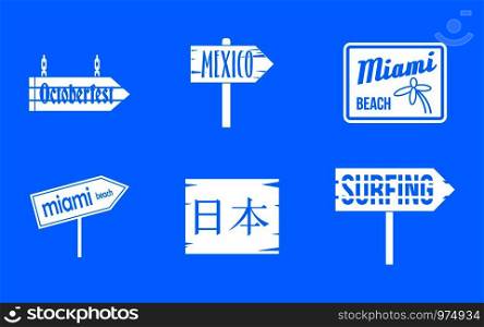 Welcome board icon set. Simple set of welcome board vector icons for web design isolated on blue background. Welcome board icon blue set vector