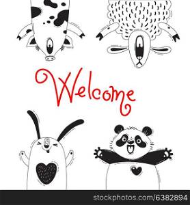 Welcome Card with Funny Animals Pig Sheep Panda Rabbit.. Welcome Card with Funny Animals Pig Sheep Panda Rabbit. Vector illustration.