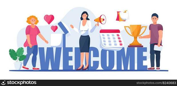 Welcome concept flat vector for app, website. Cartoon office teamwork and are greeting clients in online office, shop, co-working. Happy tiny people are near huge text. Winner cup, data are shown. Welcome concept flat vector for app, website. Cartoon office teamwork and are greeting clients in online office, shop, co-working.