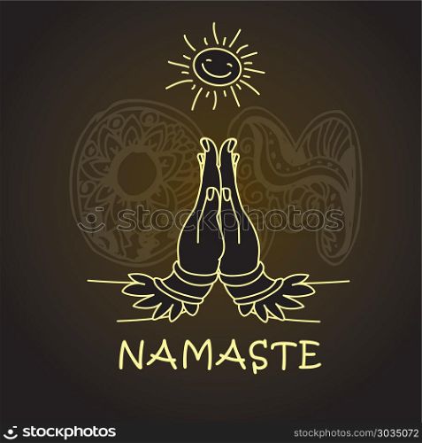 Welcome gesture of hands of Indian woman character in Namaste mu. Welcome gesture of hands of Indian woman character in Namaste mudra,Om - letteron background, vector. Welcome gesture of hands of Indian woman character in Namaste mu