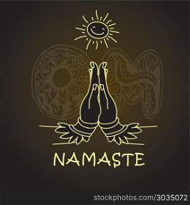 Welcome gesture of hands of Indian woman character in Namaste mu. Welcome gesture of hands of Indian woman character in Namaste mudra,Om - letteron background, vector. Welcome gesture of hands of Indian woman character in Namaste mu