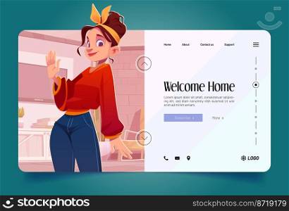 Welcome home banner with woman waving hand. Vector landing page with cartoon illustration of girl with hairband in cozy living room interior in house or apartment. Welcome home banner with woman waving hand