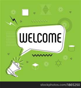Welcome in bubble vector on bright background. Comic speech bubble. Cartoon comic explosion. Colorful speech balloon with megaphone. Massages and talk signs for app, web.. Welcome in bubble vector on bright background. Comic speech bubble.