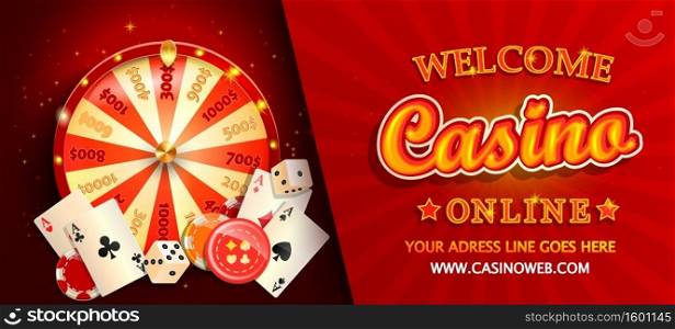 Welcome online casino gorizontal banner with poker cards, playing dice, chips, fortune wheel and other gambling design elements. Invitation poster template on shiny background.Vector illustration.. Welcome online casino gorizontal banner.