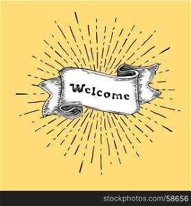 "Welcome sign. Vintage sign with "welcome" word on ribbon. Retro style illustration on yellow background"