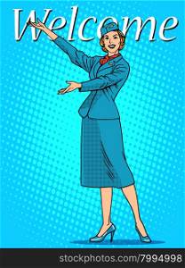 Welcome stewardess travel tourism pop art retro style. The airport and flights. Good mood the business card. Welcome stewardess travel tourism